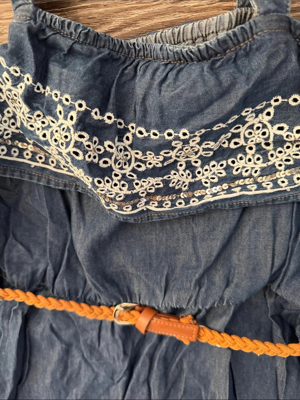 Justice Navy Blue Embroidered Ruffle Sundress with Tan Braided Belt